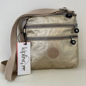 KIPLING Small Nylon Alvar Cross Body Bag Triple Zip Metallic Gold Travel NWT